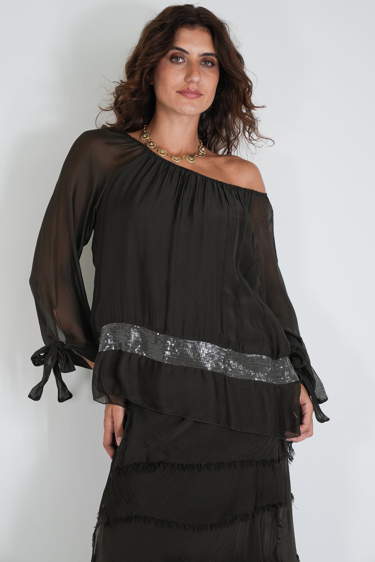 Dark Chocolate Silk Sequin Bow Sleeve Top