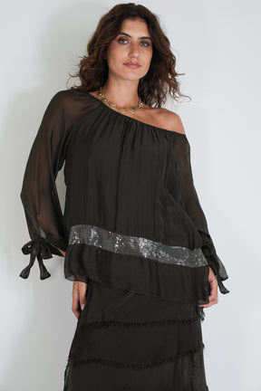 Dark Chocolate Silk Sequin Bow Sleeve Top