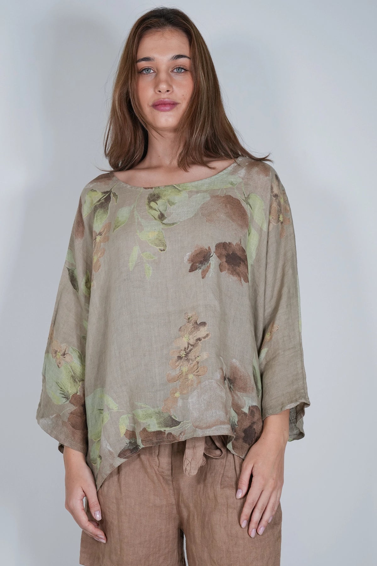 Taupe Amelia Flower Print Linen Top