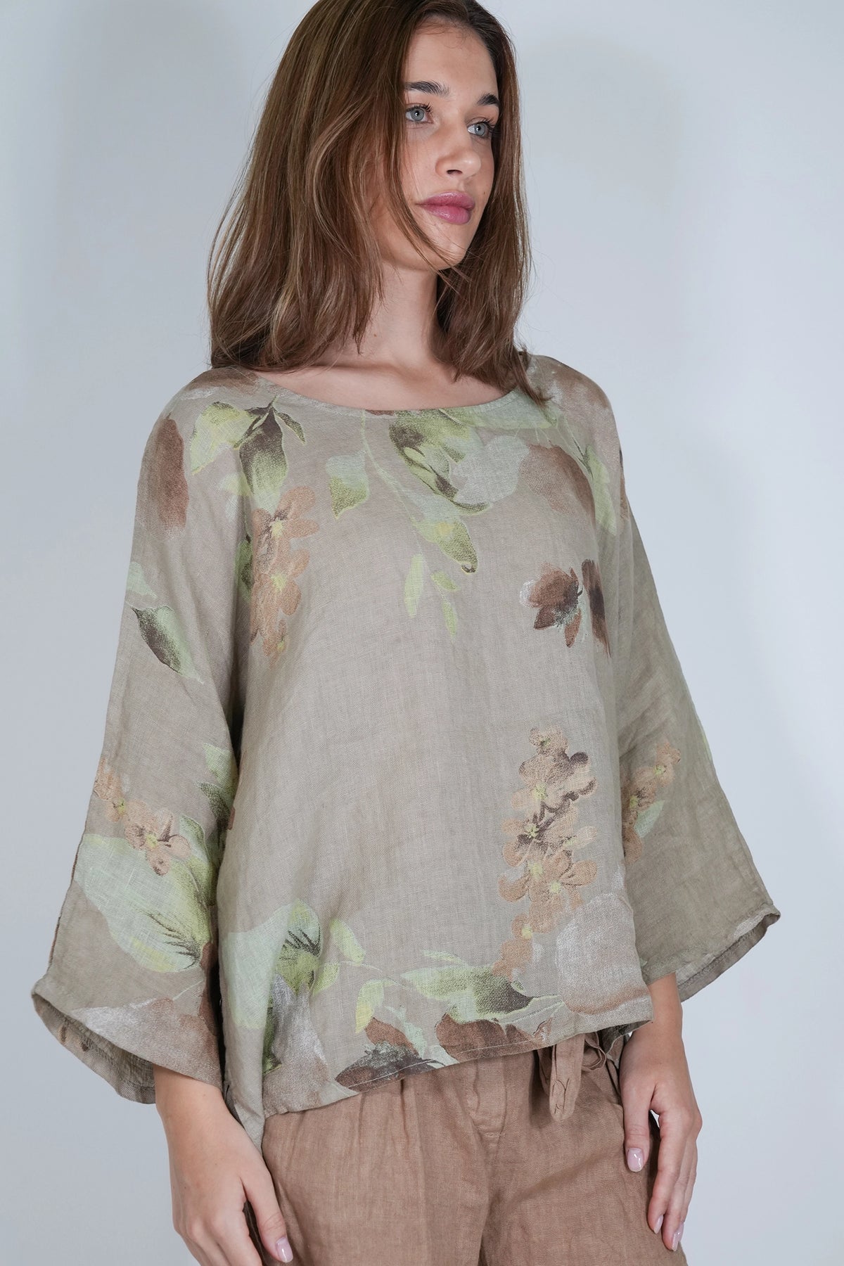 Taupe Amelia Flower Print Linen Top