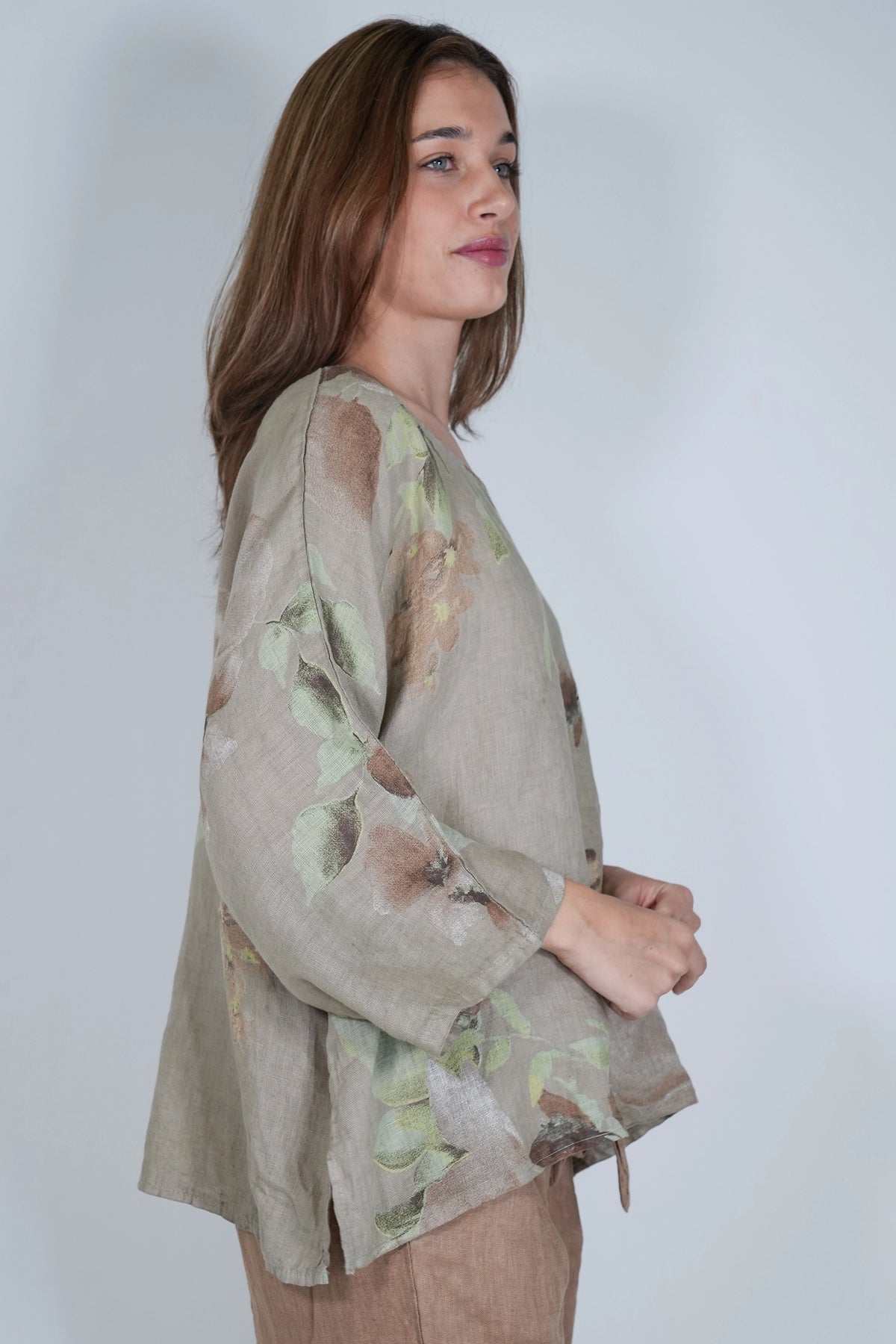 Taupe Amelia Flower Print Linen Top