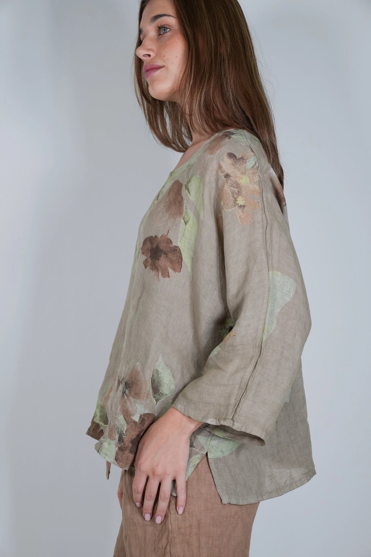 Taupe Amelia Flower Print Linen Top