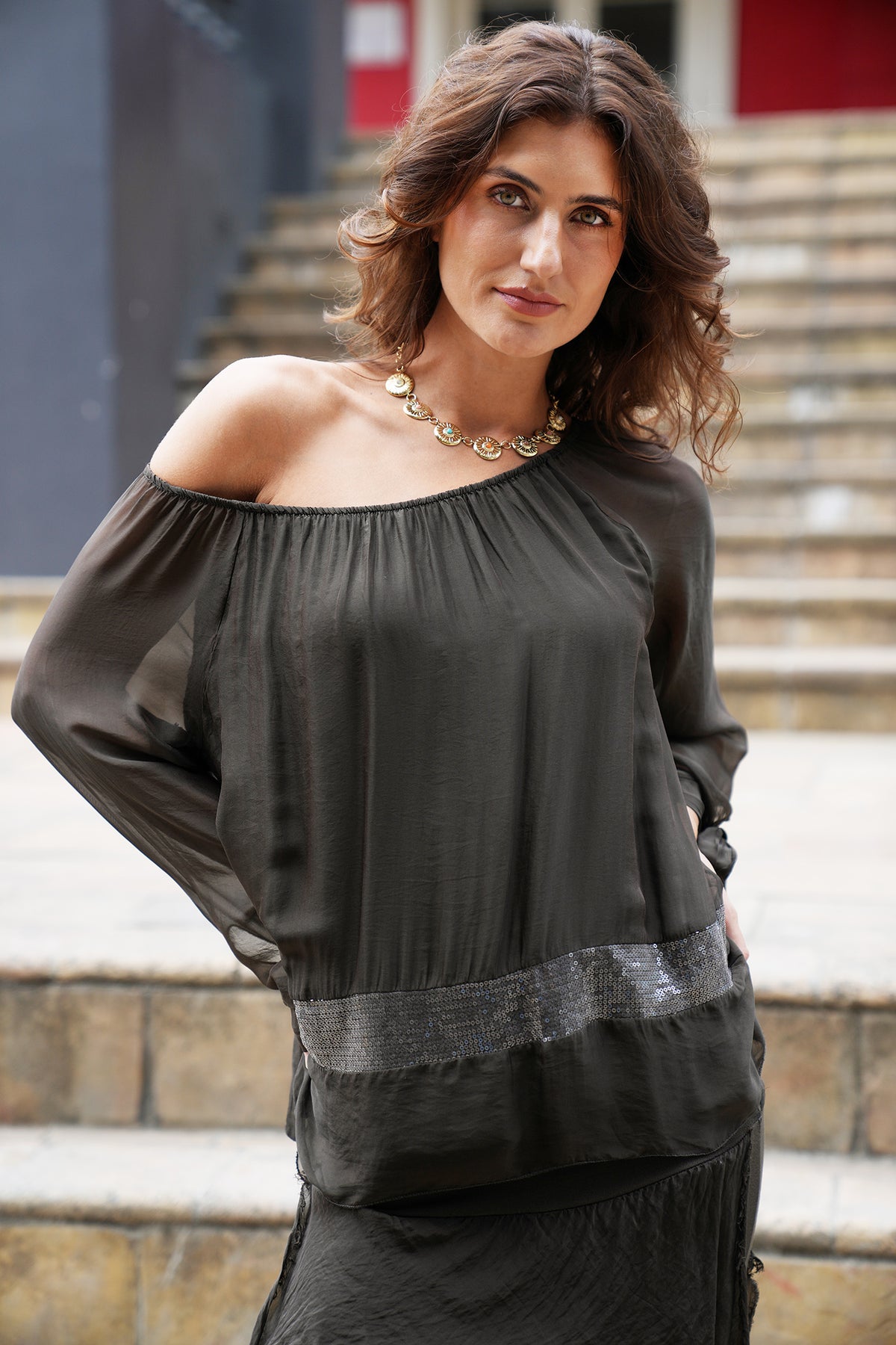 Dark Chocolate Silk Sequin Bow Sleeve Top