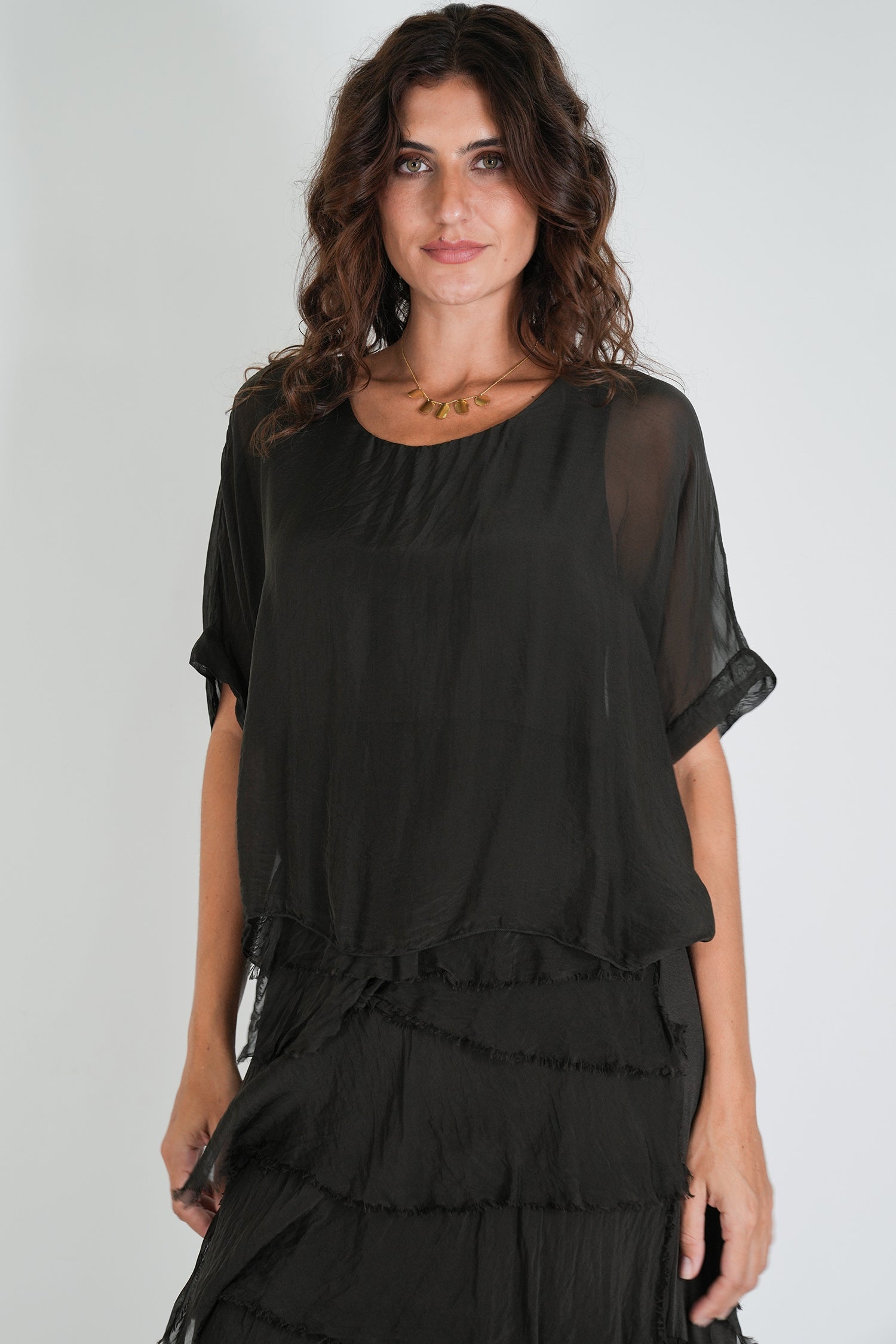 Chocolate Overlay Tier Silk Dress front view showing relaxed sheer sleeves and layered tiered skirt