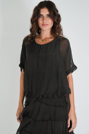 Chocolate Overlay Tier Silk Dress front view showing relaxed sheer sleeves and layered tiered skirt