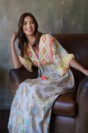 Cream and Neon Embroidery Shazia Dress