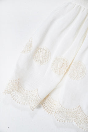 Close-up of a white fabric with lace detailing on a white background