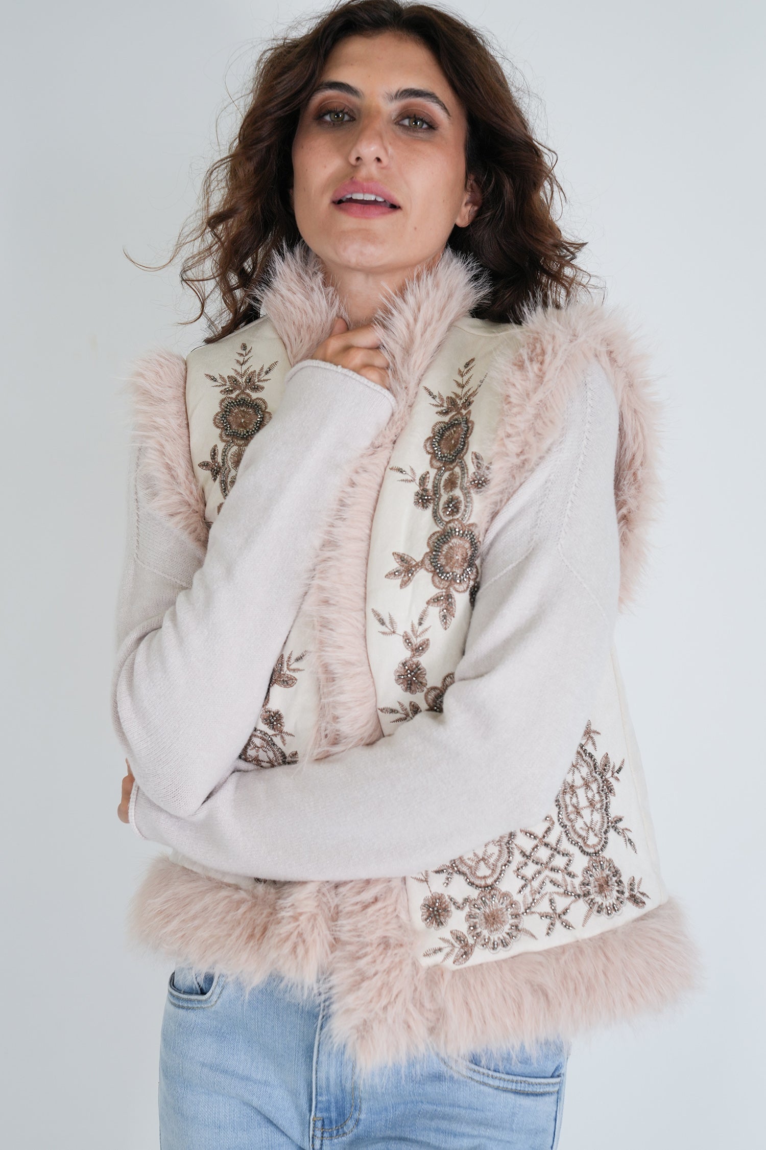 Cream Beaded Fur Gilet