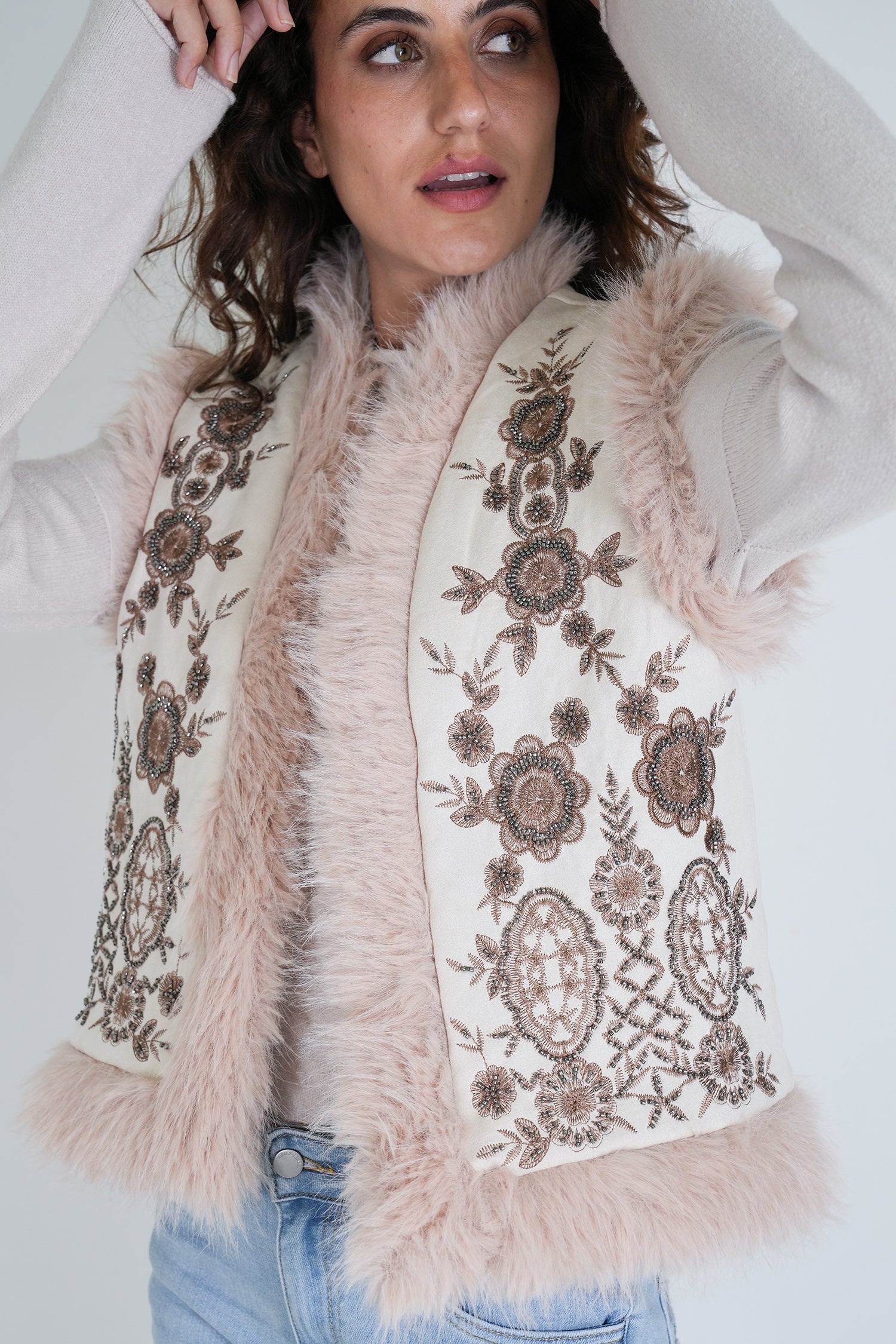 Cream Beaded Fur Gilet