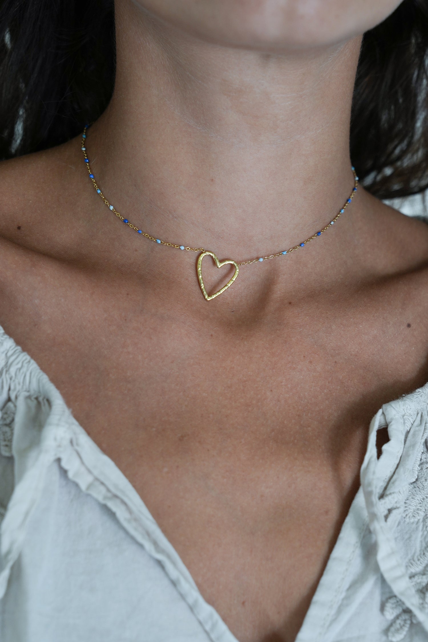 Blue Beaded Heart Necklace