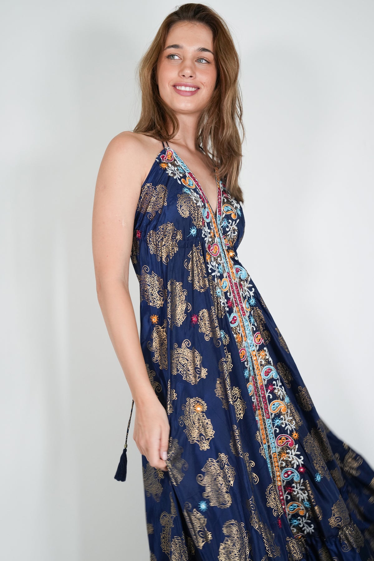 Navy Mirror Embroidered Kira Dress