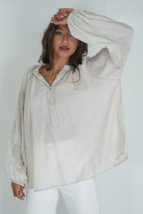 Taupe Embroidered Sleeve Top