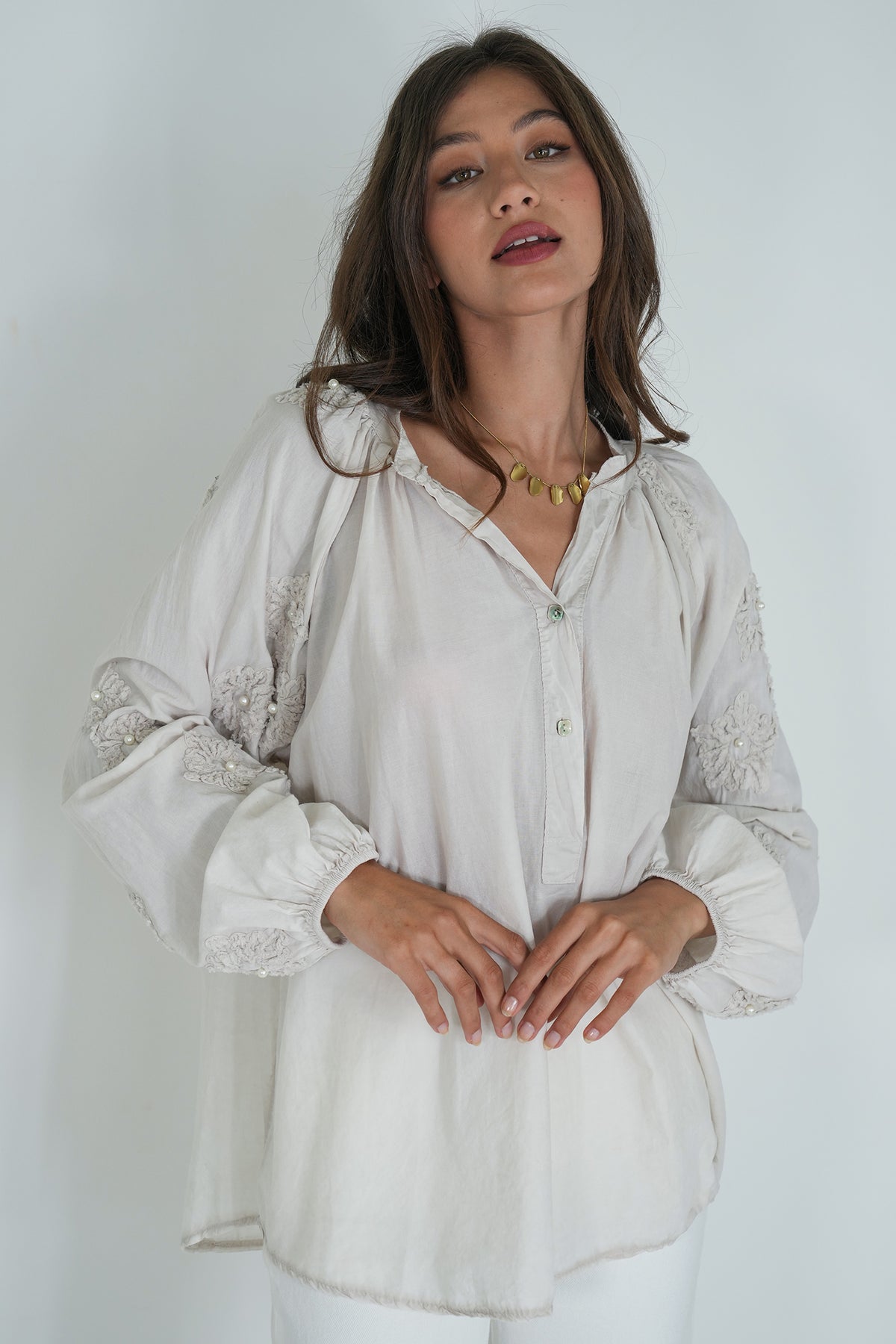 Taupe Embroidered Sleeve Top