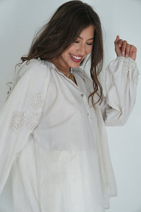 Taupe Embroidered Sleeve Top