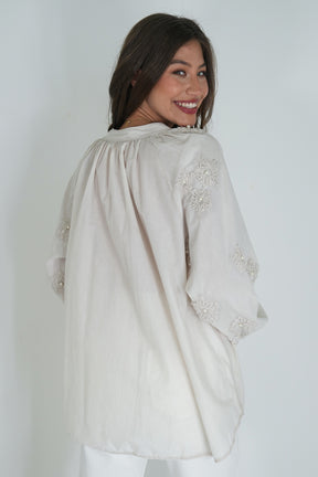 Taupe Embroidered Sleeve Top