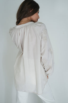 Taupe Embroidered Sleeve Top