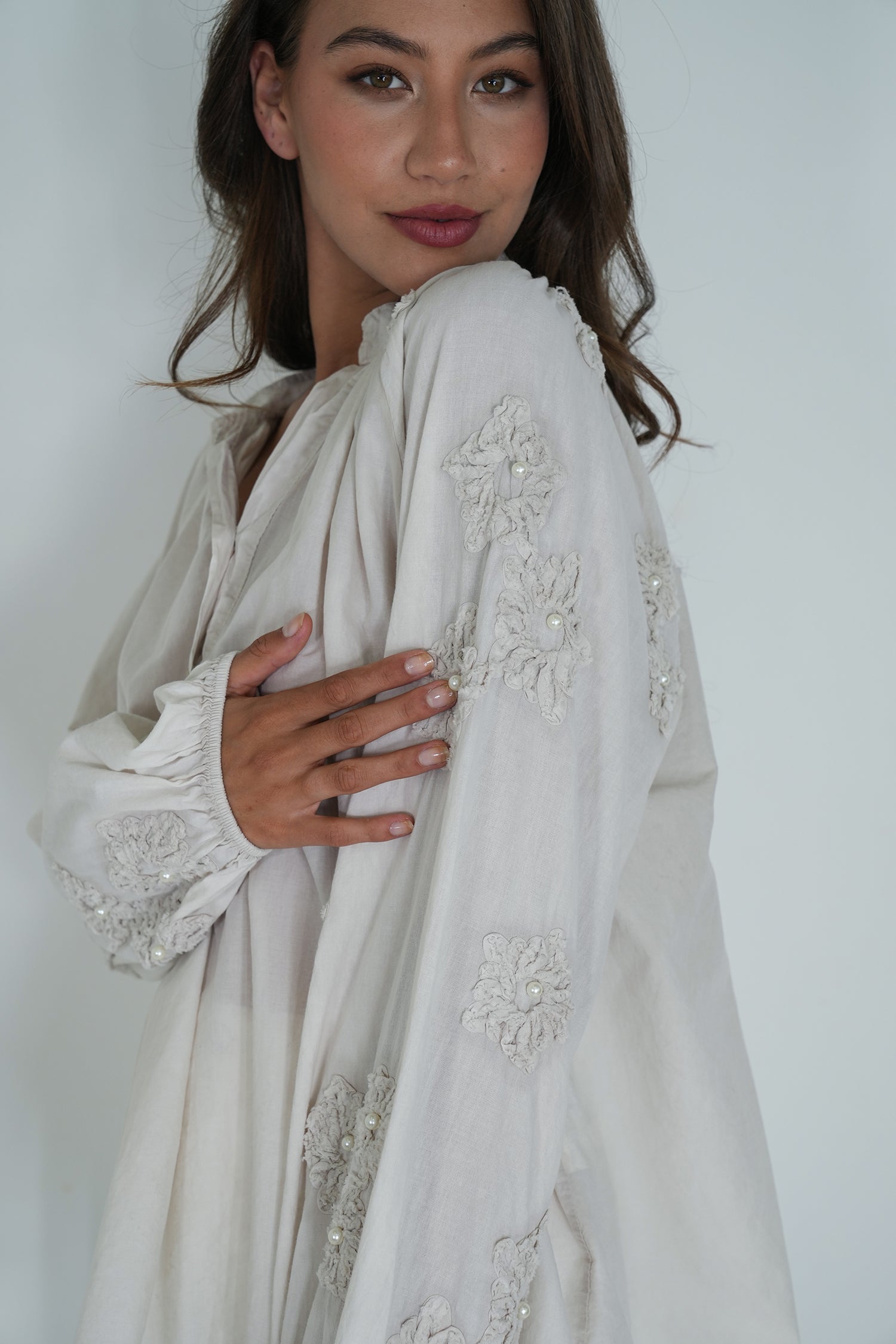 Taupe Embroidered Sleeve Top