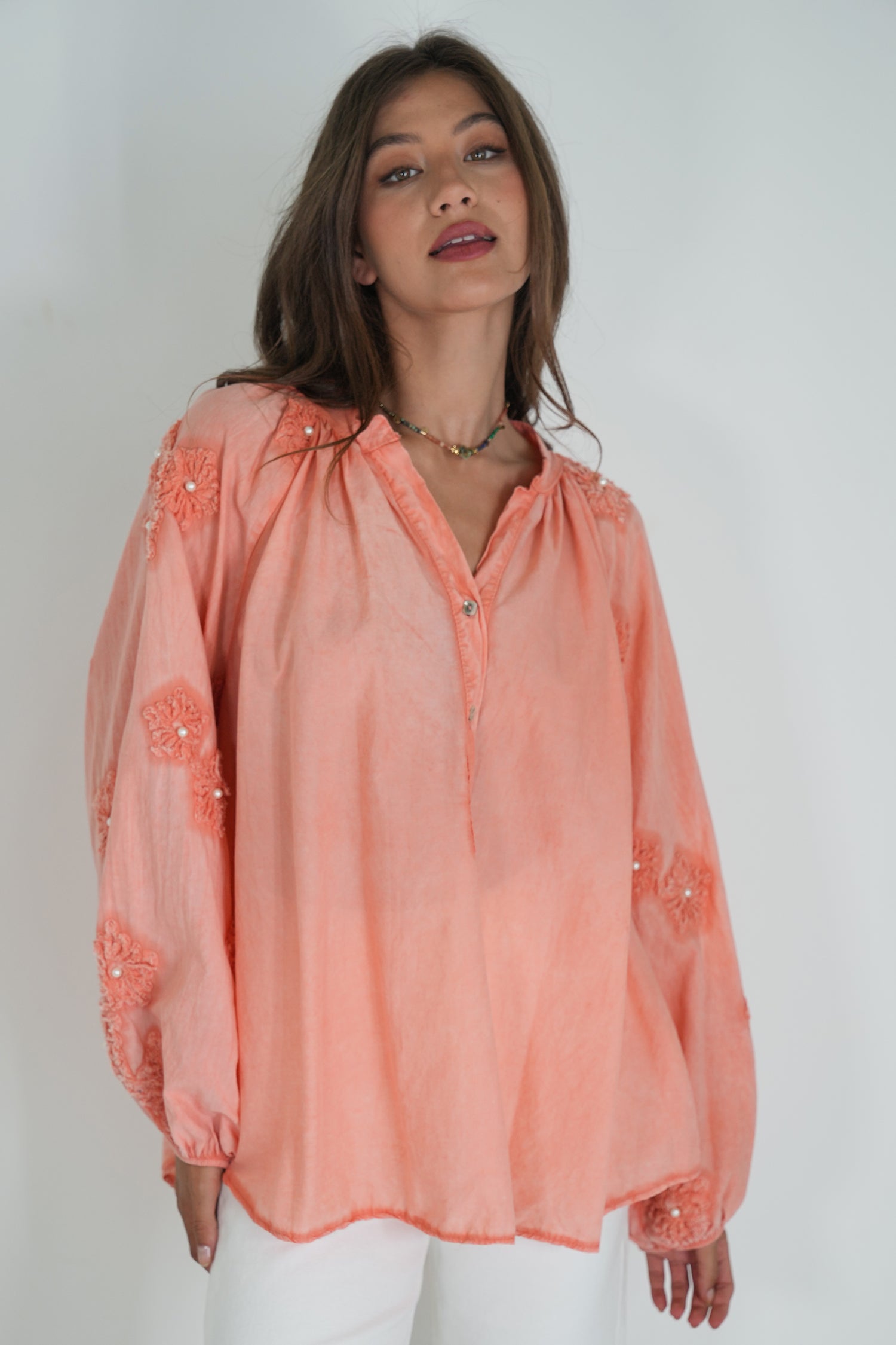 Coral Embroidered Sleeve Top