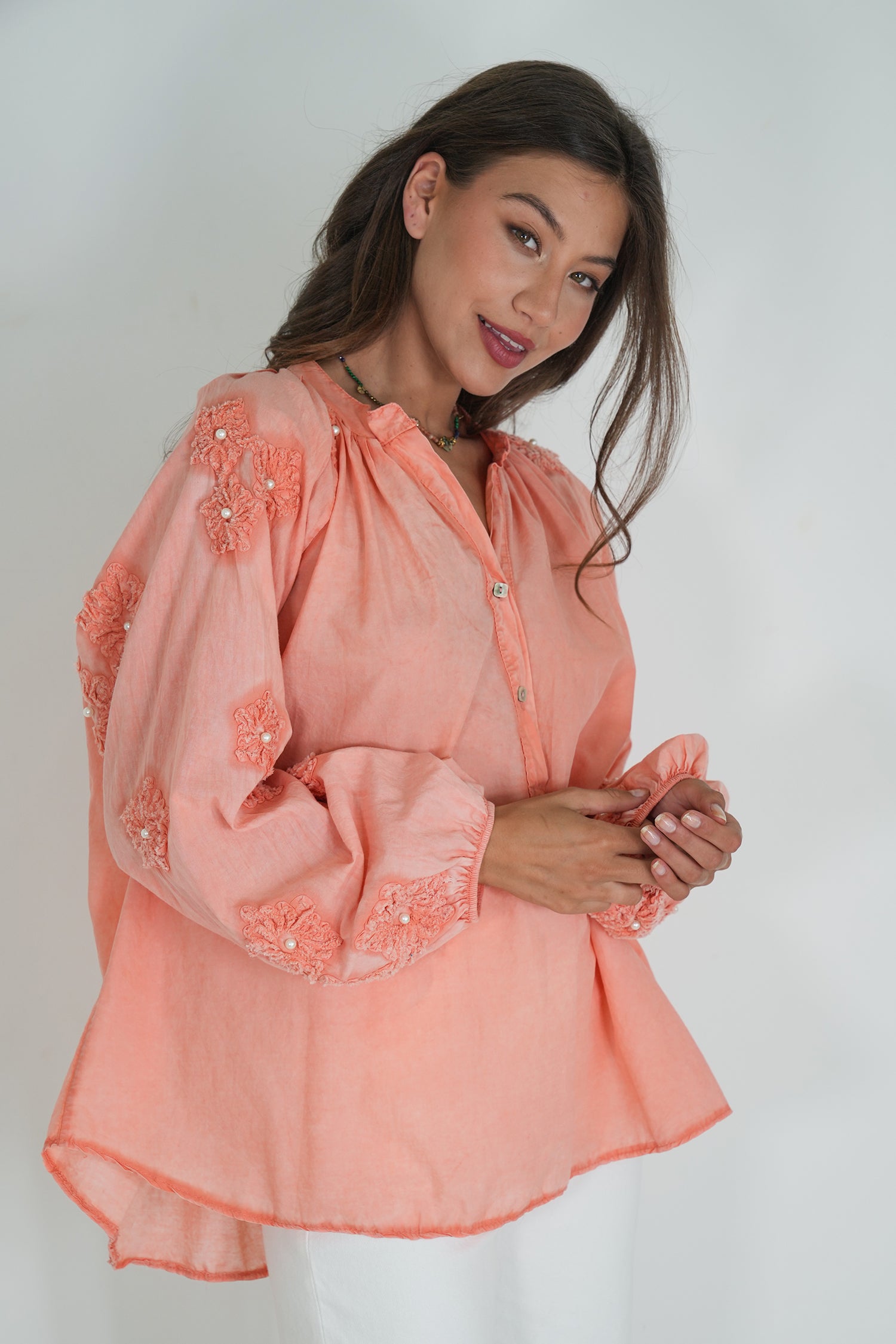 Coral Embroidered Sleeve Top
