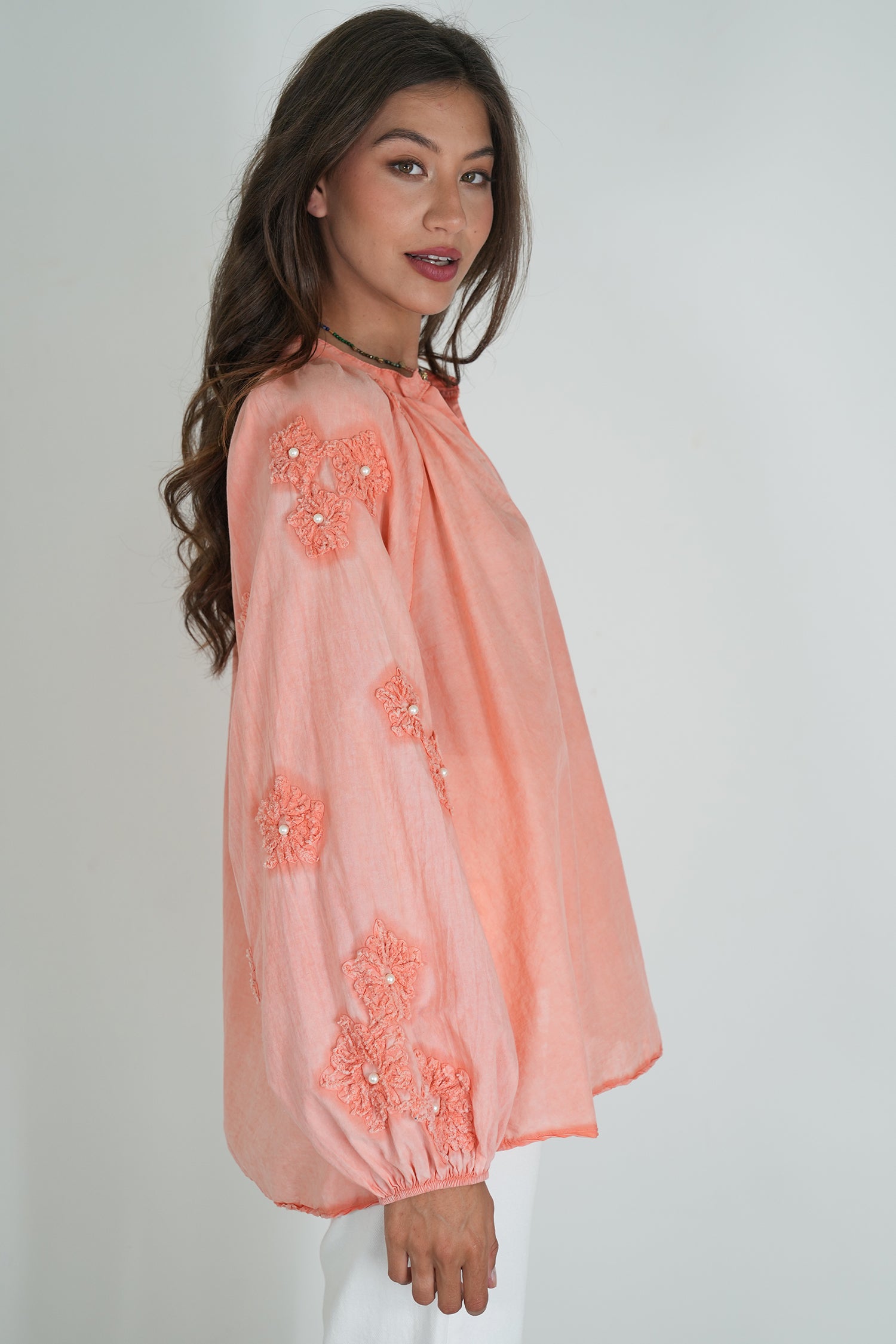 Coral Embroidered Sleeve Top