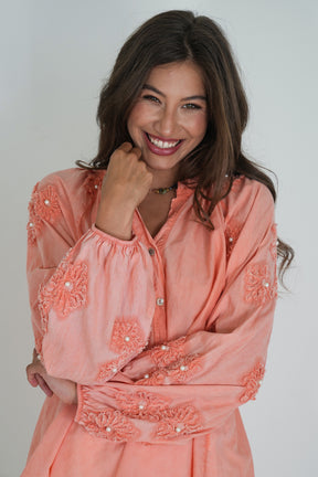Coral Embroidered Sleeve Top