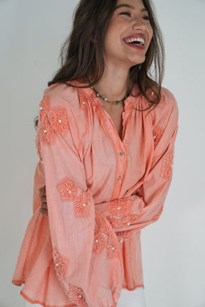 Coral Embroidered Sleeve Top