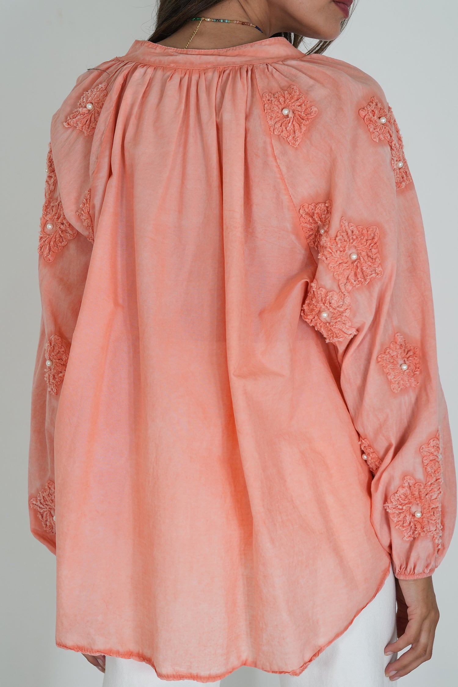 Coral Embroidered Sleeve Top