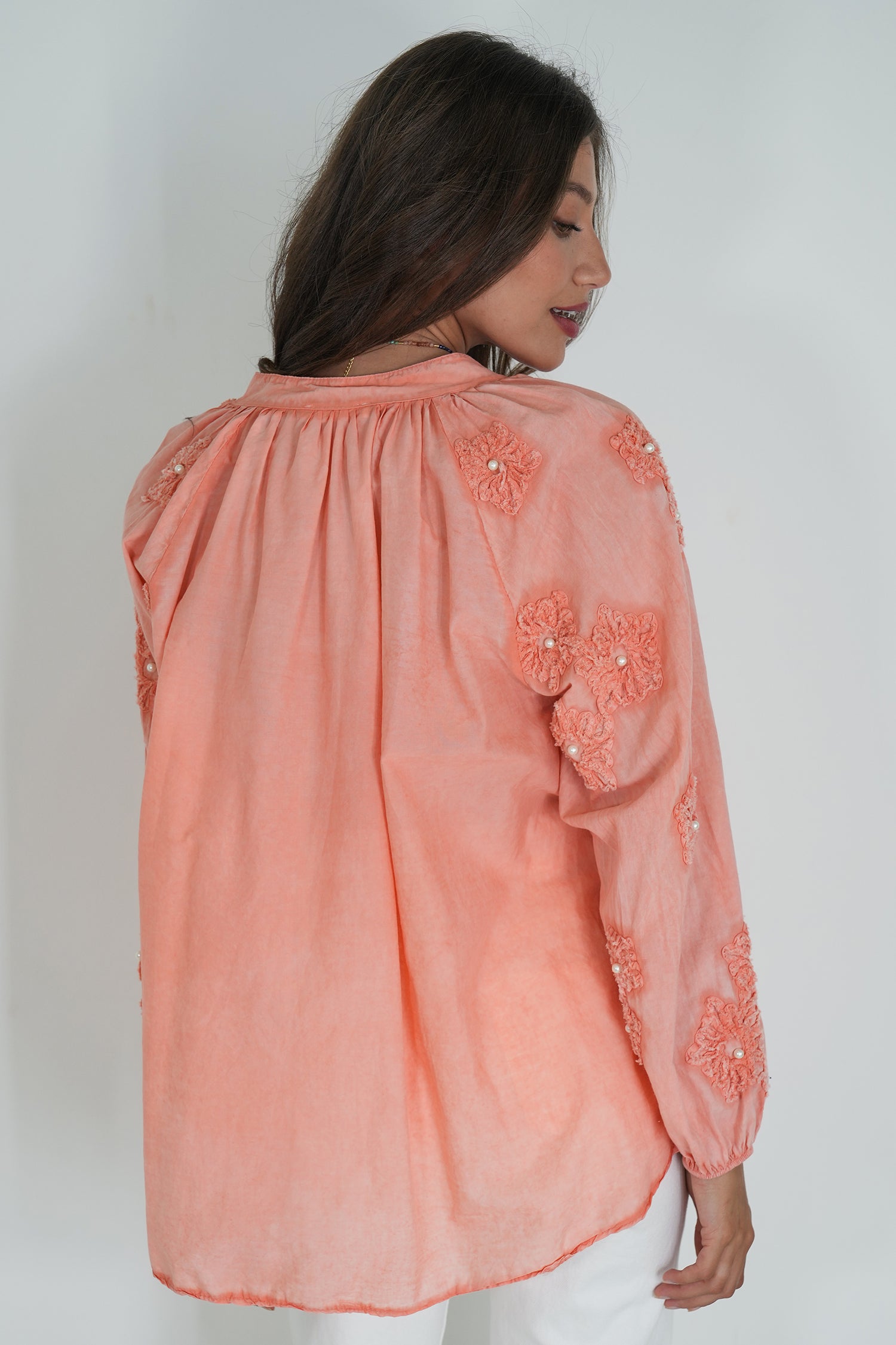 Coral Embroidered Sleeve Top