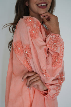 Coral Embroidered Sleeve Top