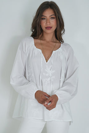 White Embroidered Peasant Blouse