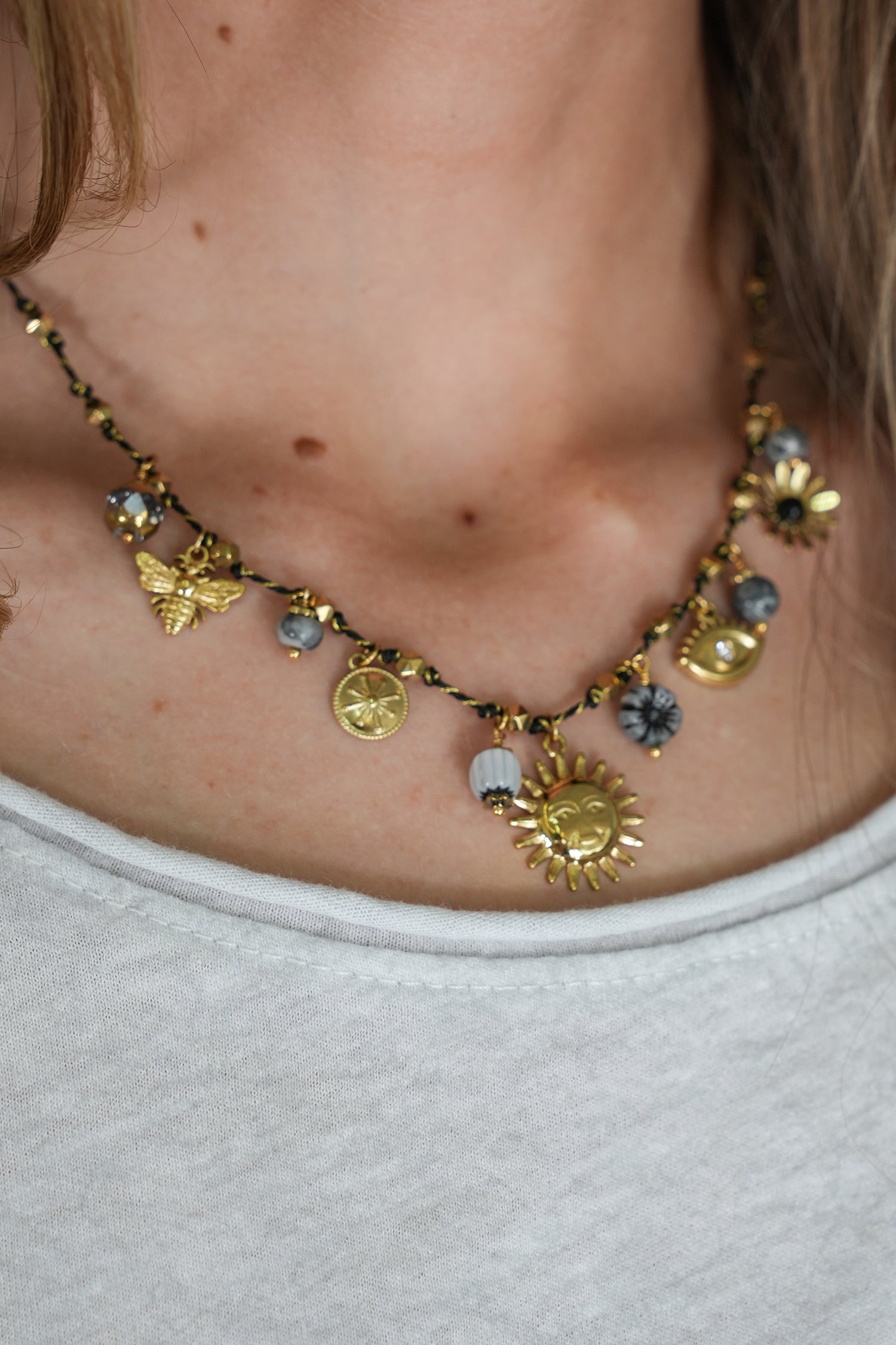 Grey Sunflower Charm Necklace