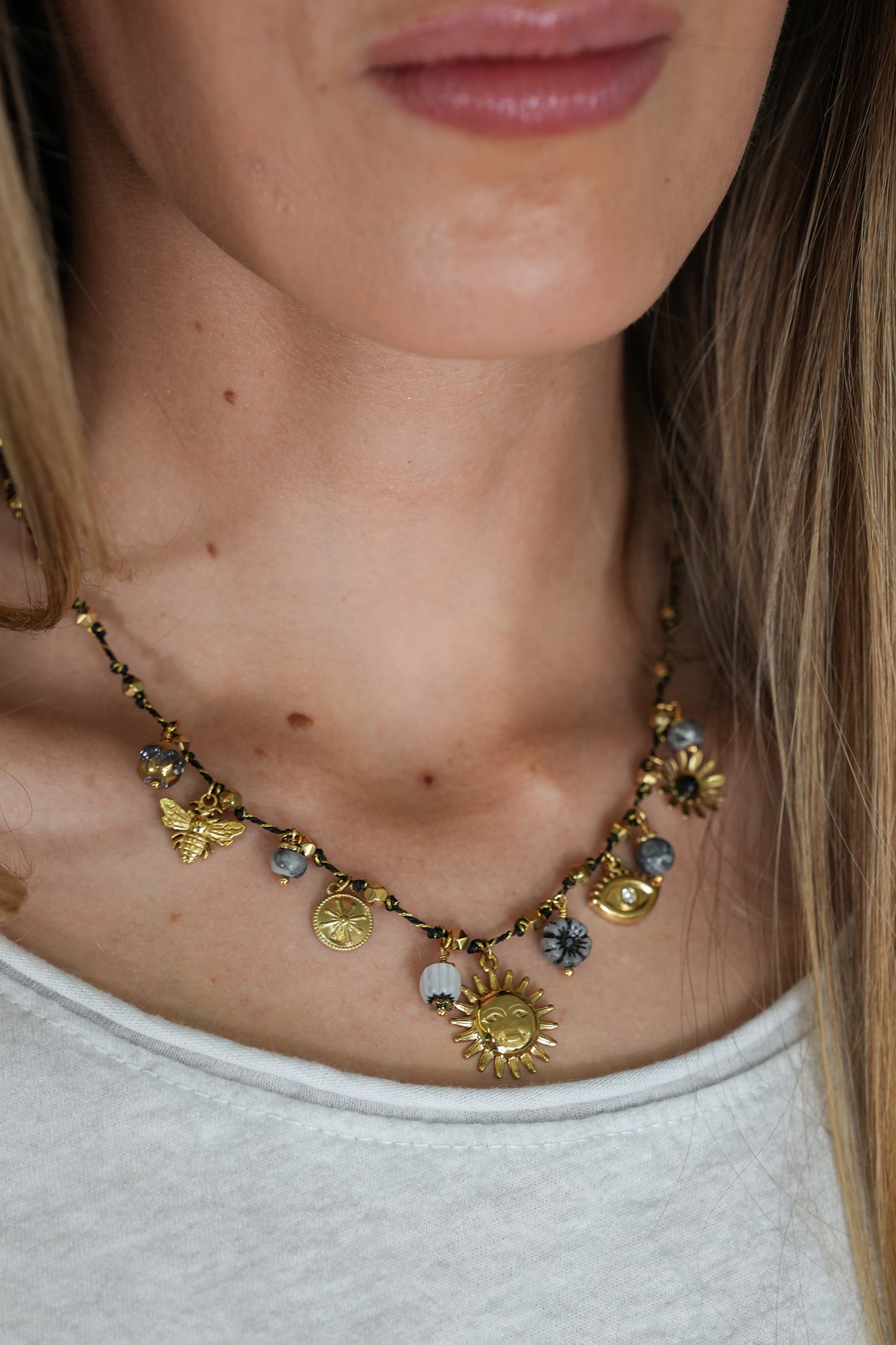 Grey Sunflower Charm Necklace