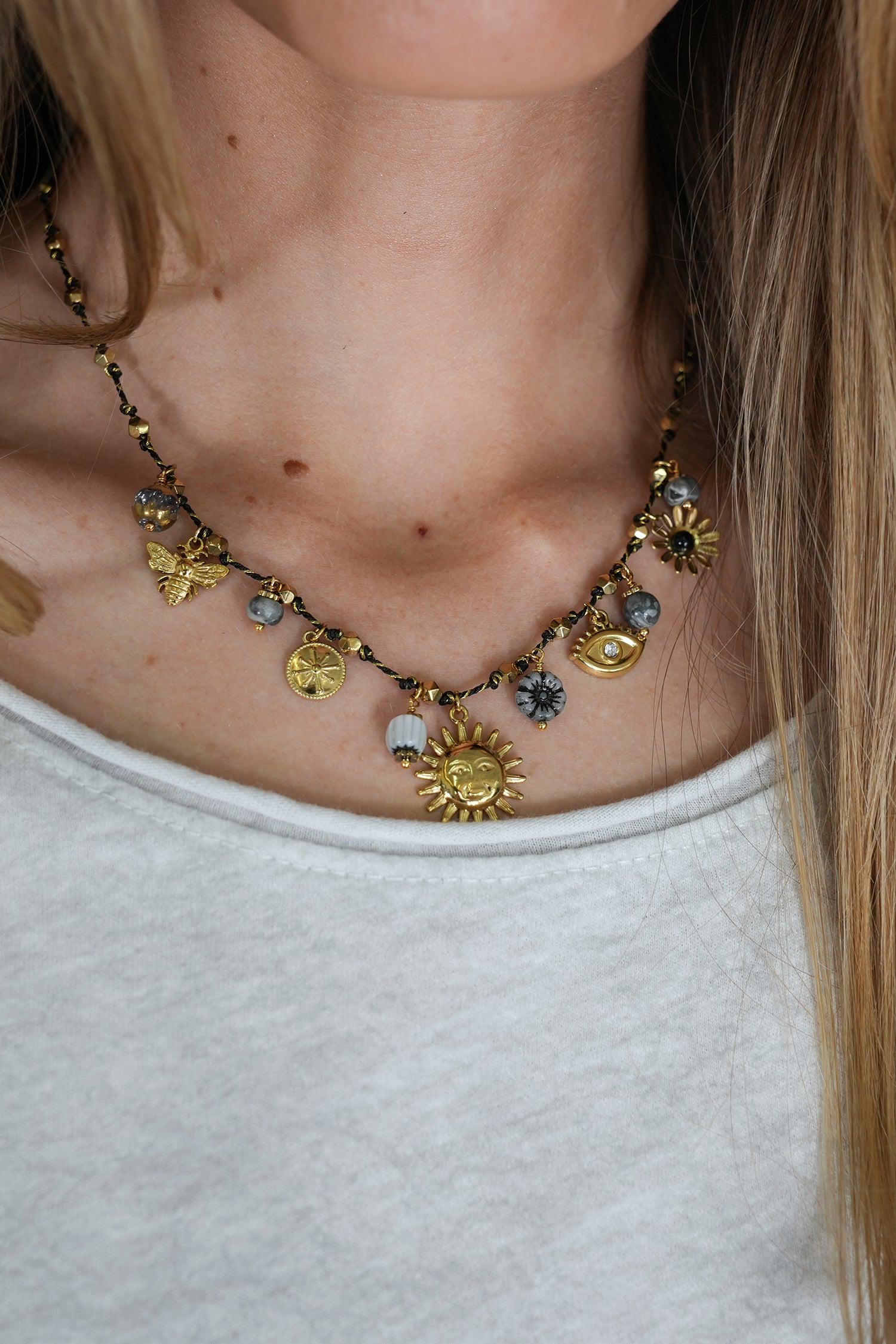 Grey Sunflower Charm Necklace