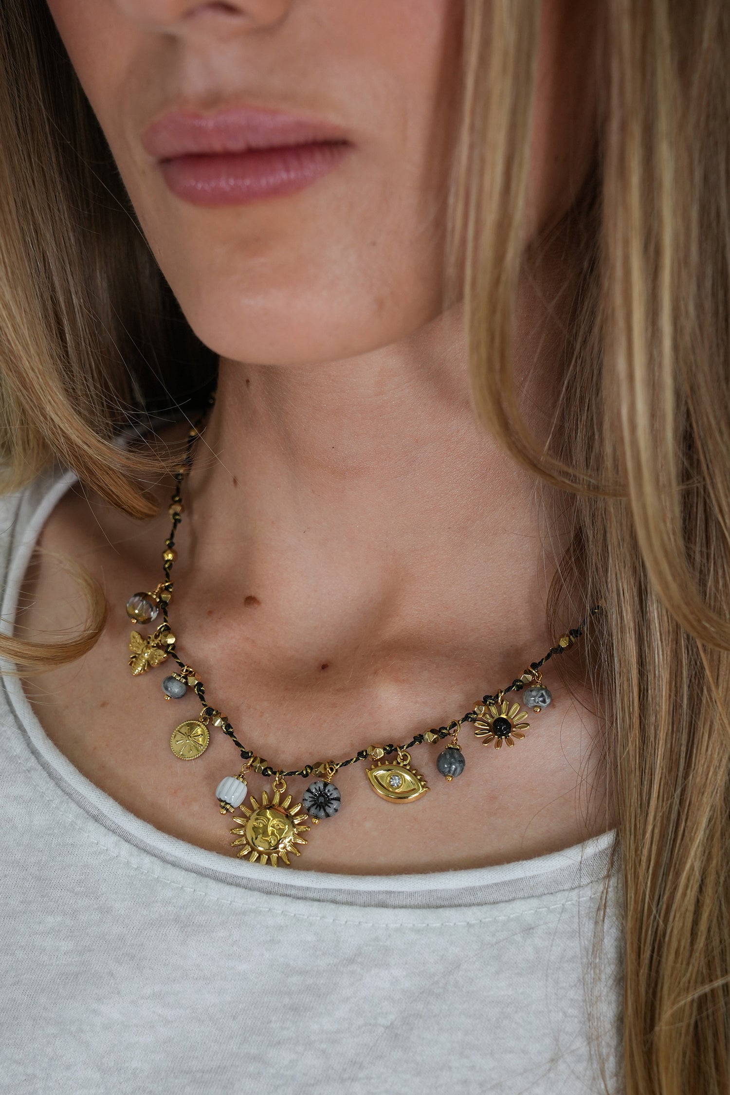 Grey Sunflower Charm Necklace