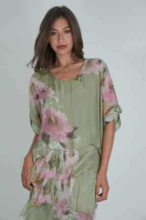 Olive Floral Silk Tier Dress