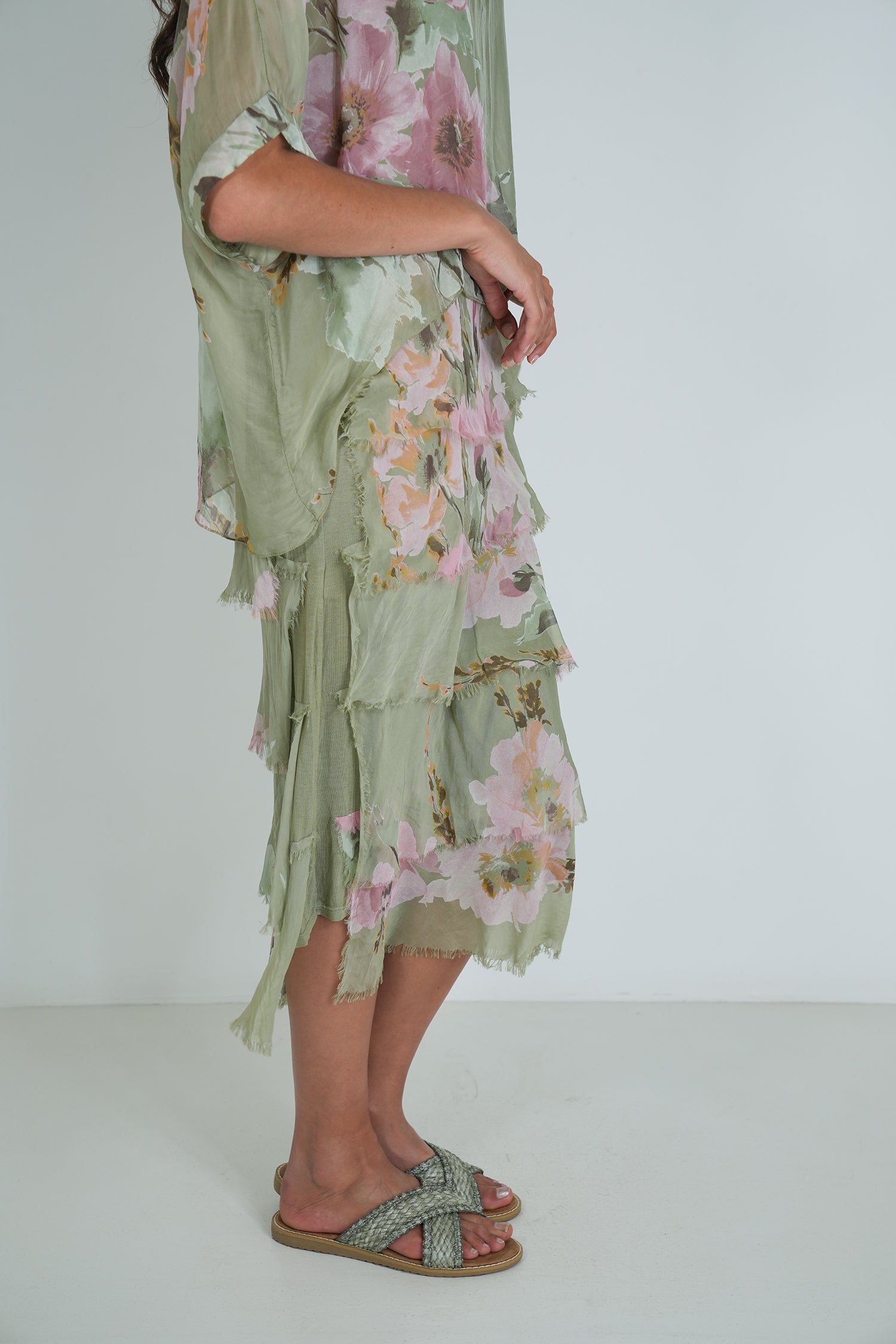 Olive Floral Silk Tier Dress