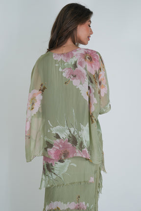 Olive Floral Silk Tier Dress