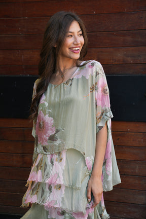 Olive Floral Silk Tier Dress