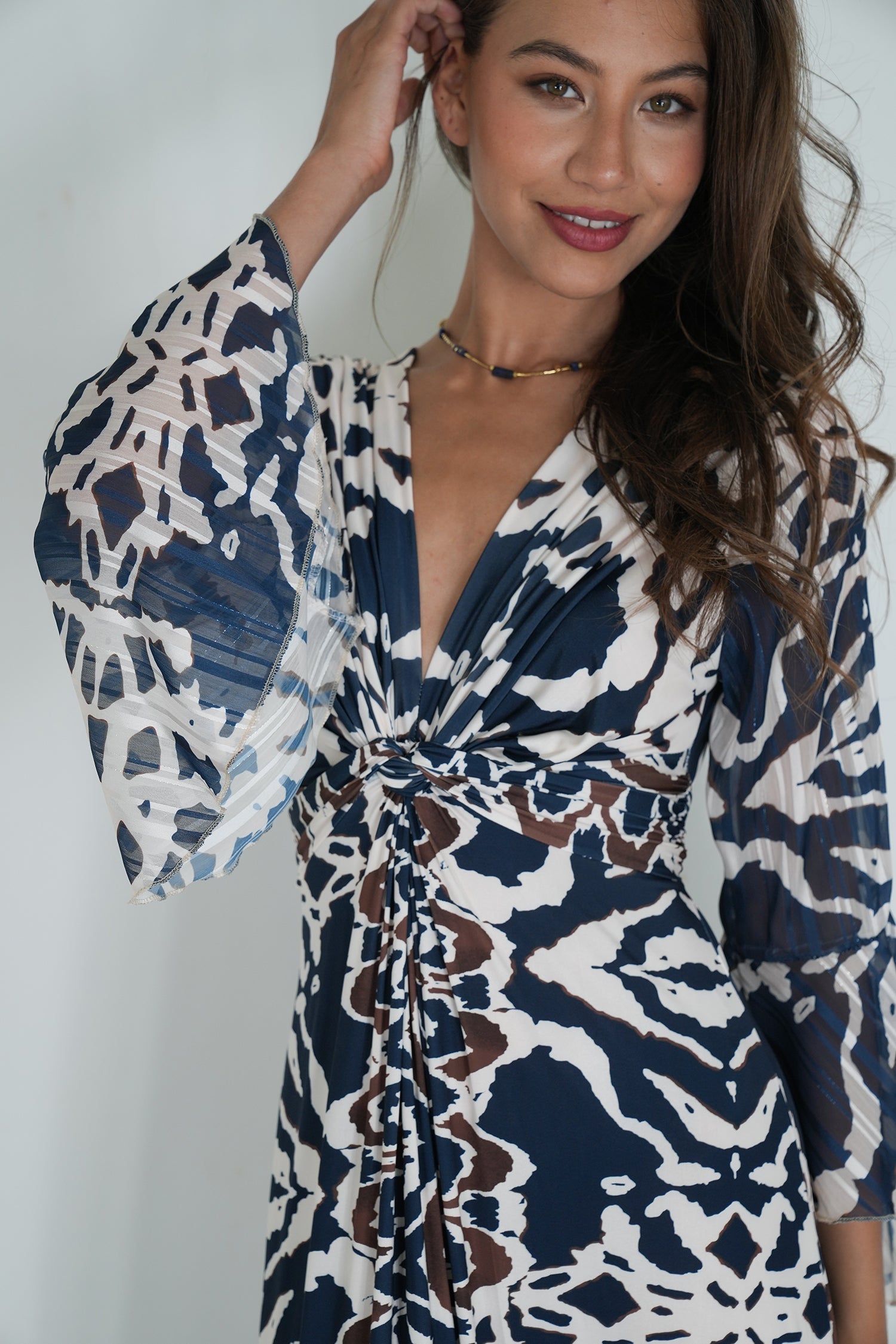 Navy and Cream Knot Dress With Sleeves