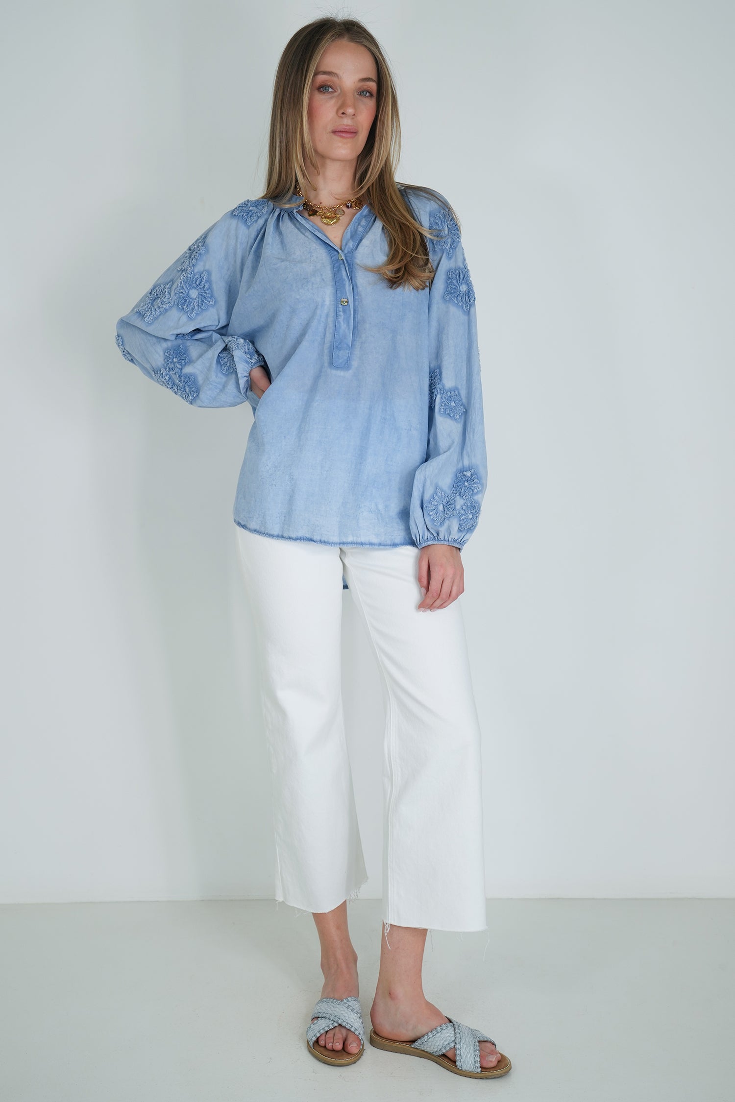 Blue Embroidered Sleeve Top