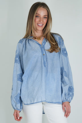 Blue Embroidered Sleeve Top
