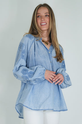 Blue Embroidered Sleeve Top
