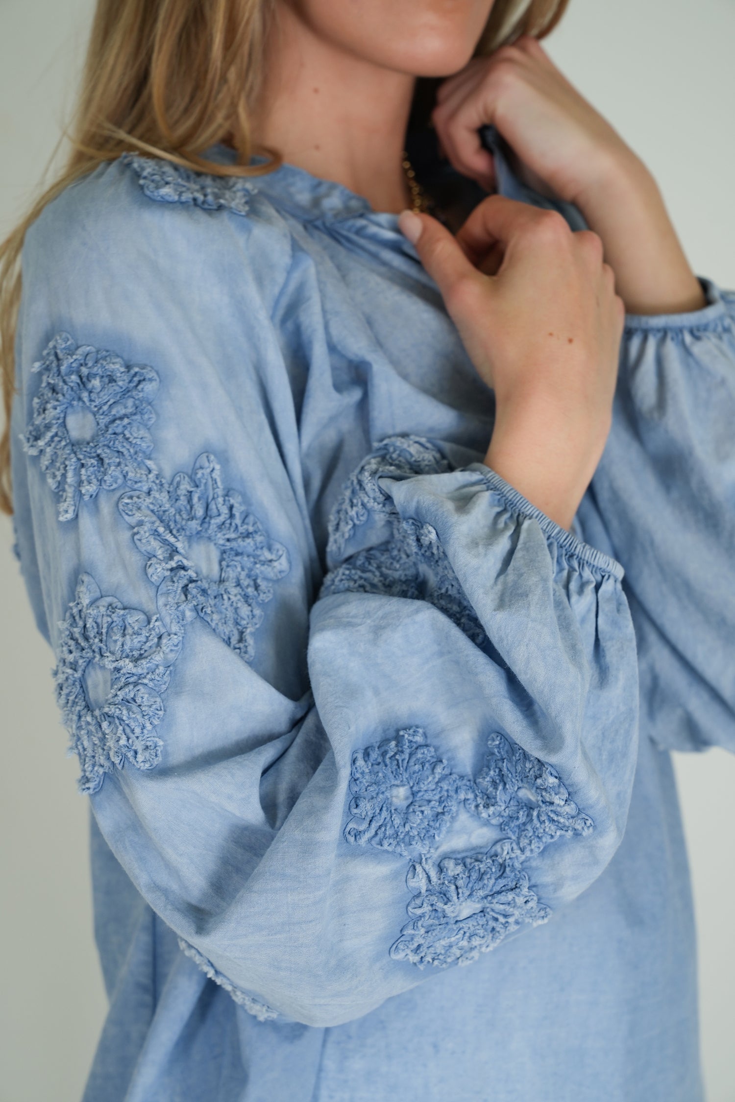 Blue Embroidered Sleeve Top