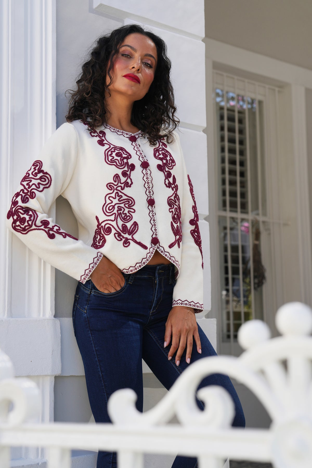 Cream and Burgundy Theresa Cardigan