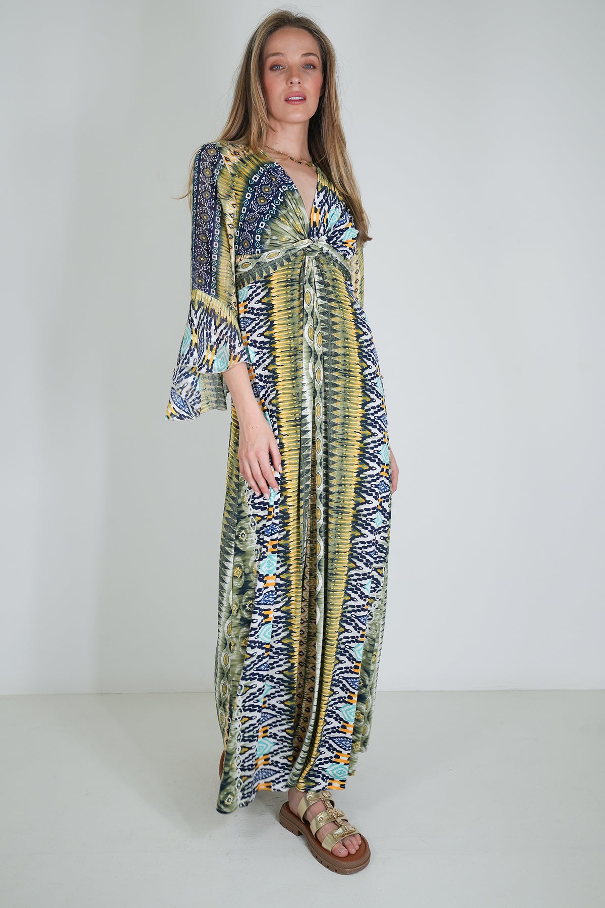 Navy and Yellow Print Knot Dress With Sleeves