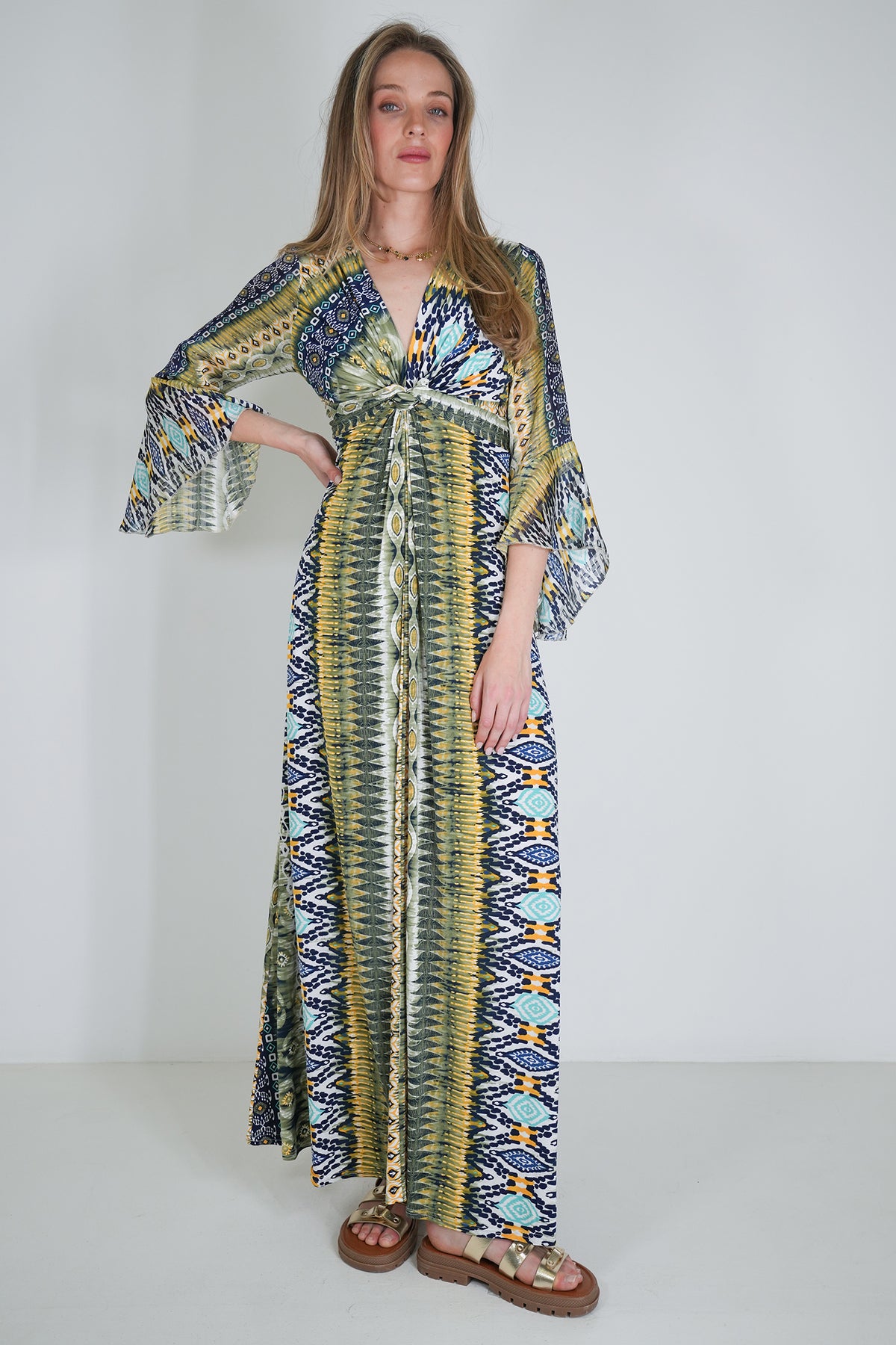 Navy and Yellow Print Knot Dress With Sleeves