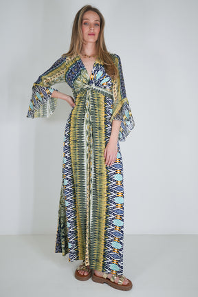 Navy and Yellow Print Knot Dress With Sleeves