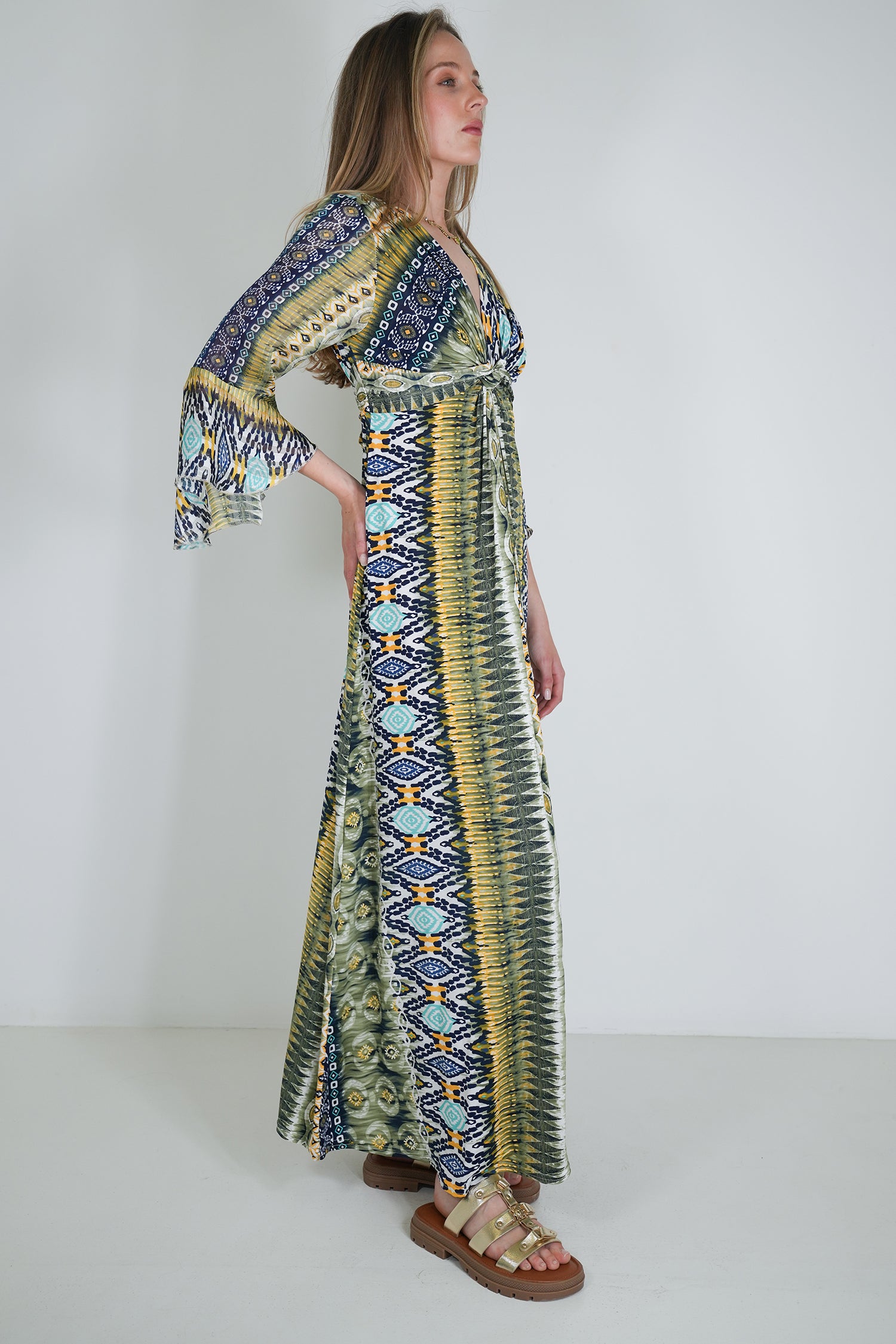 Navy and Yellow Print Knot Dress With Sleeves