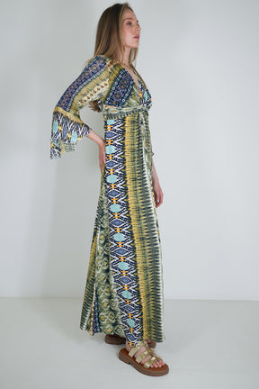 Navy and Yellow Print Knot Dress With Sleeves