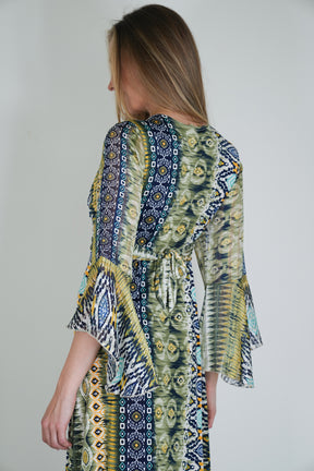 Navy and Yellow Print Knot Dress With Sleeves